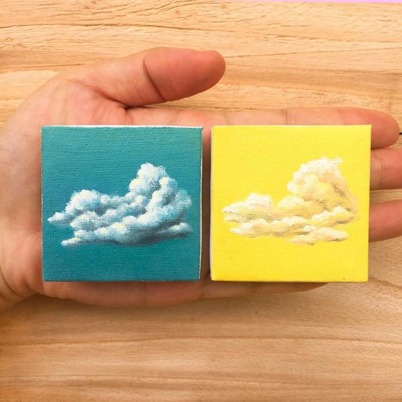Set of 2 Original Miniature Cloud Oil Painting. Minimalist Tiny Cloud Sky Decor. - Posters - Cotton & Hemp 