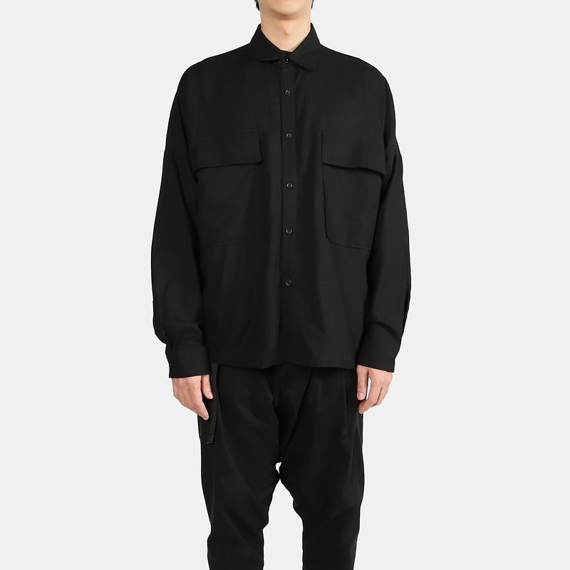 Linen double pocket short shirt - เสื้อเชิ้ตผู้ชาย - ผ้าฝ้าย/ผ้าลินิน สีดำ