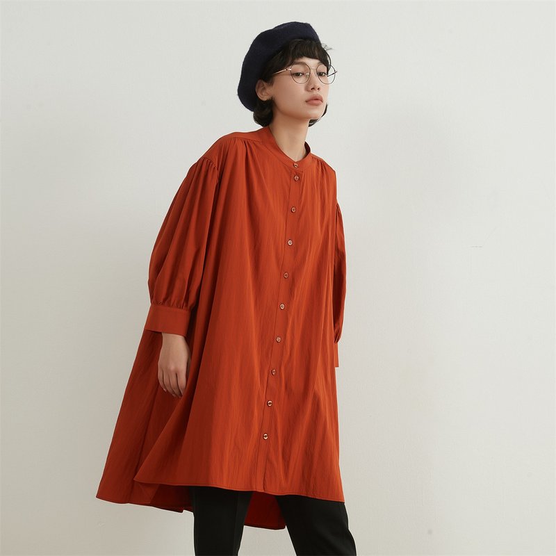 七分袖ロング丈ギャザーブラウス/チュニックシャツ - 女襯衫 - 環保材質 