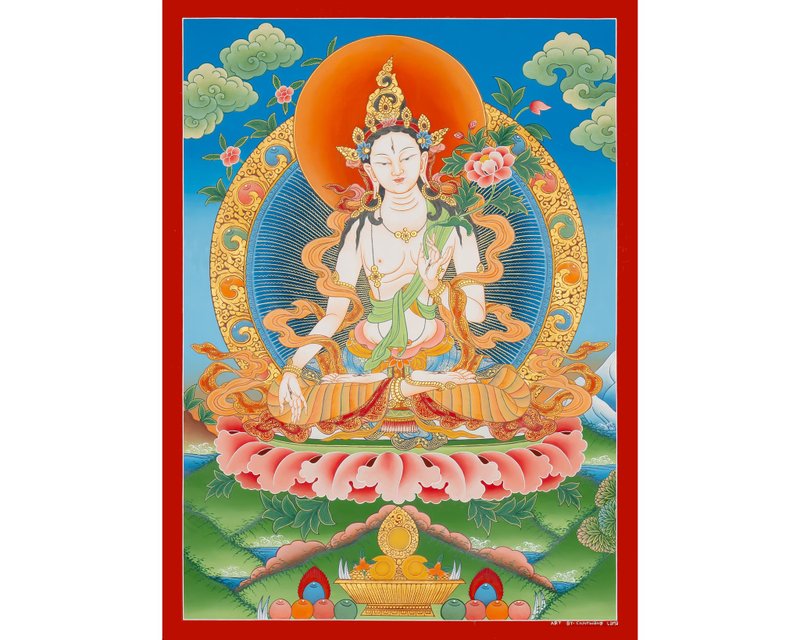 優雅的白度母唐卡 永恆的藏傳藝術 精神之美 - 壁貼/牆壁裝飾 - 其他金屬 多色