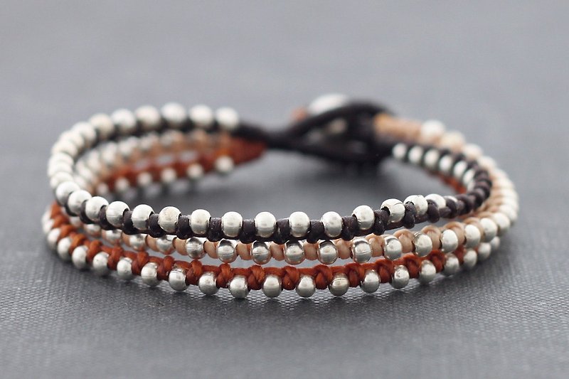 Earth Tone Cotton Woven Silver Beaded Bracelets Multi Strand Stud Bracelets  - สร้อยข้อมือ - ผ้าฝ้าย/ผ้าลินิน สีนำ้ตาล