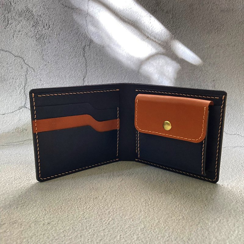 [Color Contrast Series] Dark Blue + Caramel Short Clip/Wallet - Wallets - Genuine Leather 