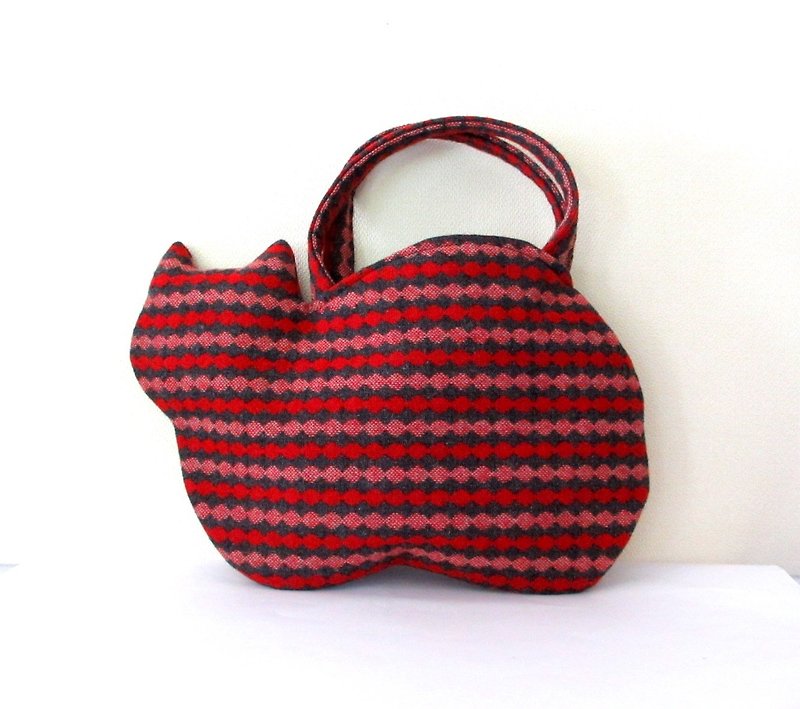 New Wool Cat Bag Red and Gray Stripes - กระเป๋าถือ - ผ้าฝ้าย/ผ้าลินิน สีแดง