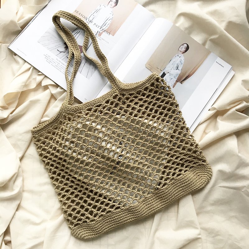 Brown Khaki Natalia Crochet bag - กระเป๋าถือ - ผ้าฝ้าย/ผ้าลินิน สีกากี