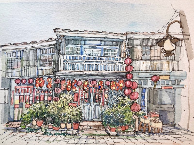 Watercolor sketch works Tainan Shennong Street - วาดภาพ/ศิลปะการเขียน - กระดาษ 