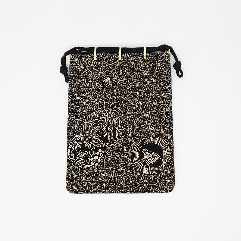 Go-kiri bag, Inden, crane and turtle pattern, black background x white lacquer - กระเป๋าถือ - หนังแท้ สีดำ