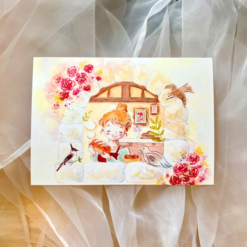 ポストカード - パンと鳥 - はがき・メッセージカード - 紙 オレンジ