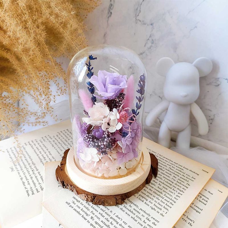 Morning Flower Moon Mu | Purple Rose Glass Bell Jar Dried Flower/Birthday Gift/Graduation Gift/Graduation Bouquet - ช่อดอกไม้แห้ง - พืช/ดอกไม้ สีม่วง