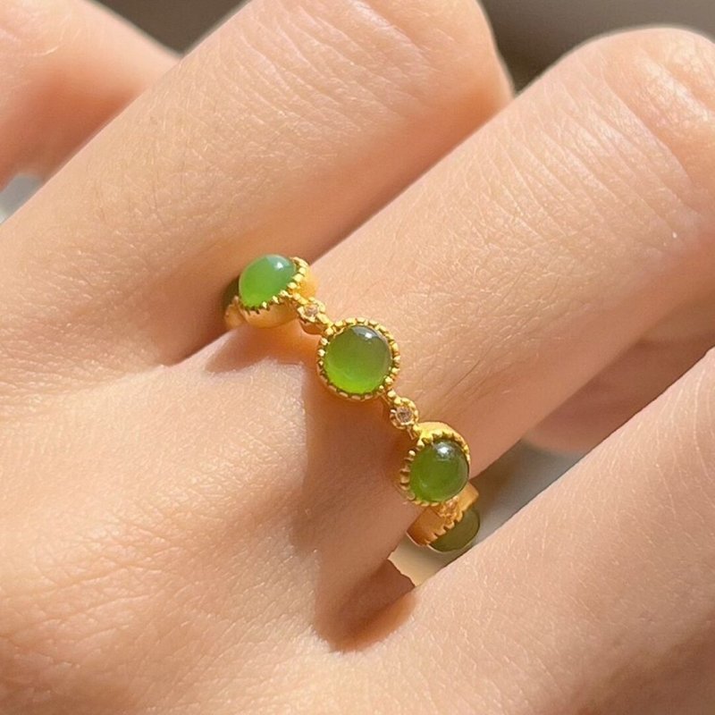 原創手工S925純銀鍍金天然和田碧玉精緻戒指可調節大小 - 戒指 - 玉石 綠色