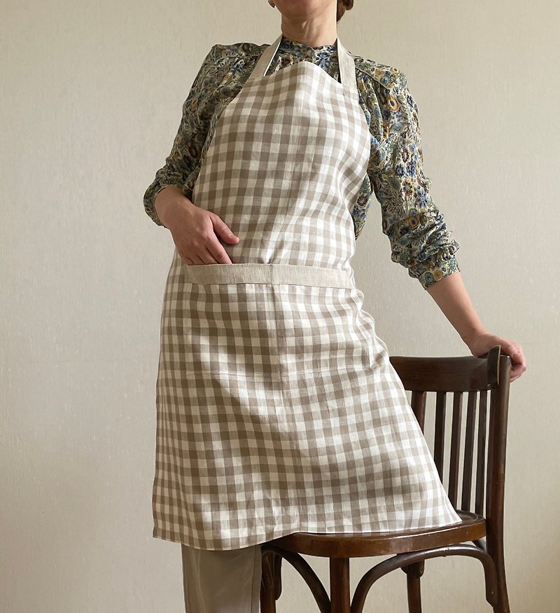 Linen checkered unisex apron with double pockets - ผ้ากันเปื้อน - ลินิน สีเทา