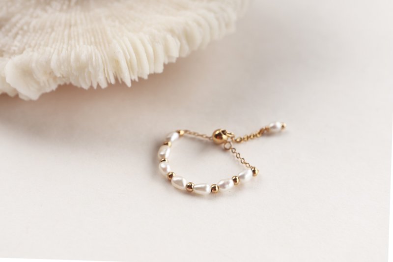 【Adjustable Ring】Cute and explosive. Rice pearl chain ring - General Rings - Stainless Steel Gold