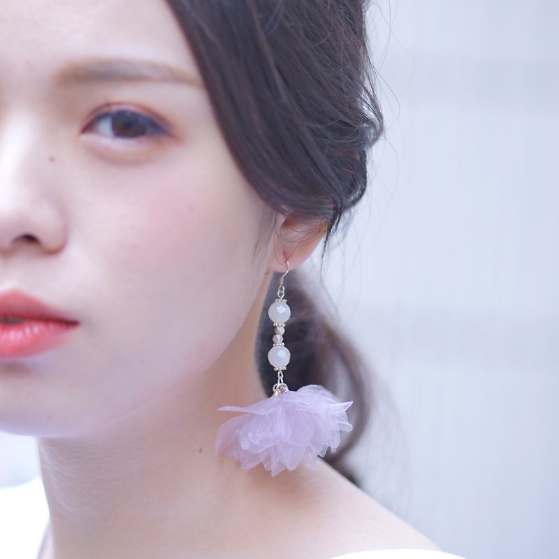 Violet | Lovely Dangle Sterling Silver Crystal Floral Earrings - Fabric flower - ต่างหู - วัสดุอื่นๆ สีม่วง