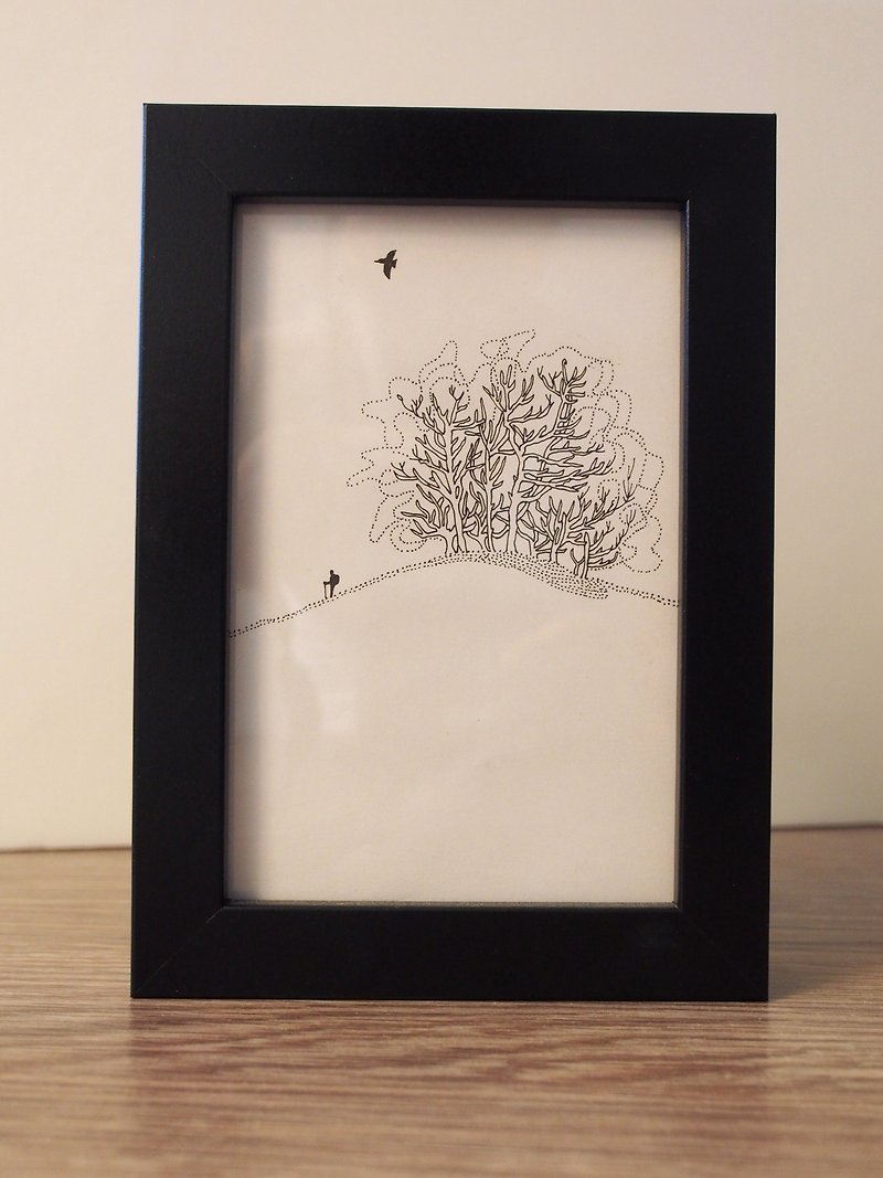 B&W drawing with frame / mountain  people  bird - Picture Frames - Paper Black