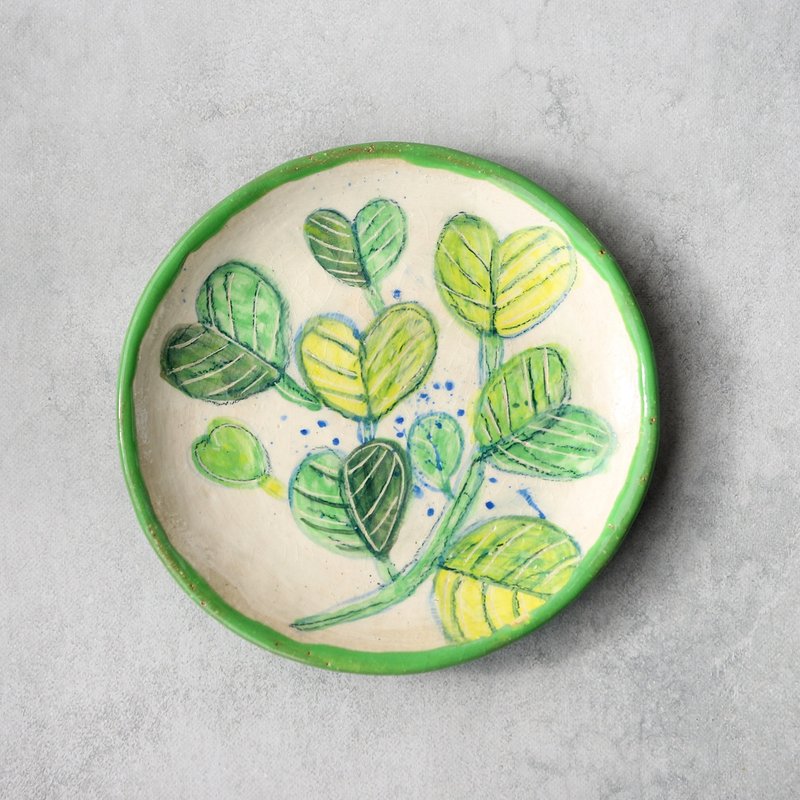 グリーンリーフ・春の手描き絵皿 - 盤子/餐盤/盤架 - 陶 綠色
