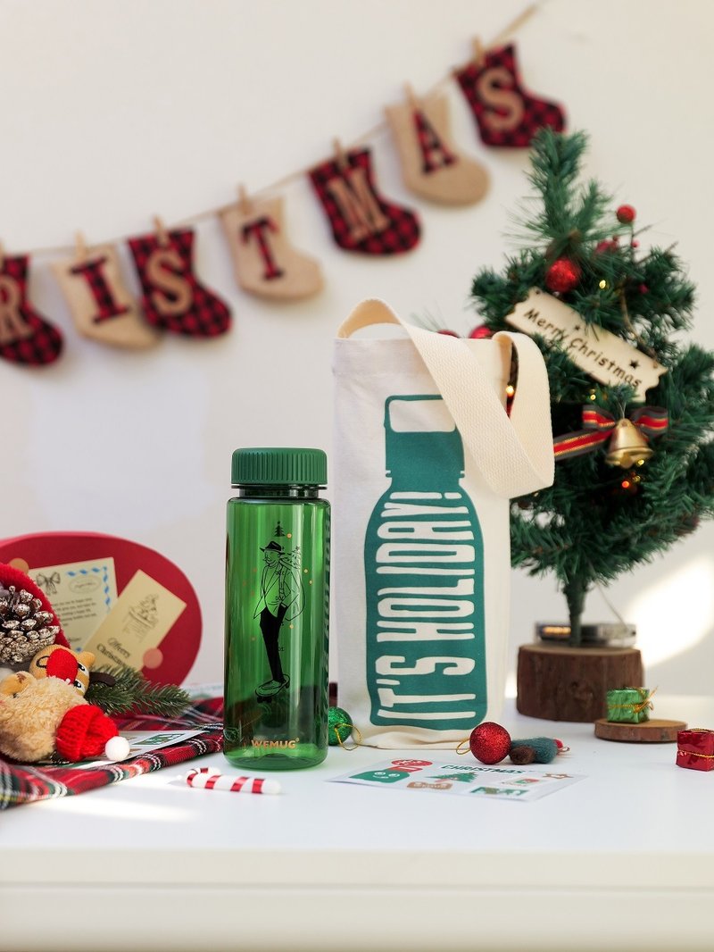 Christmas skateboarding old man exchanges gifts Tritan hot and cold portable water bottle Hong Kong design - green - Pitchers - Plastic Green