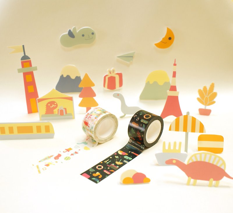 [LonelyPlanet2.0] Paper tape Bundles - Deep Blue City + White Dinosaurs - Washi Tape - Paper White