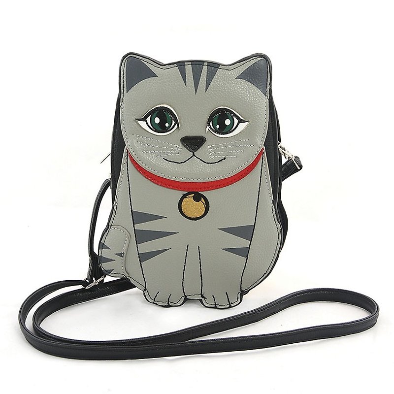Sleepyville Critters - Grey Cat Crossbody Bag - กระเป๋าแมสเซนเจอร์ - หนังเทียม สีเทา