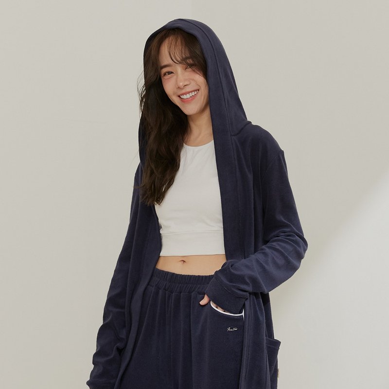 保暖毛巾布長版連帽外套-午夜藍/居家服/膠原蛋白紗 - 睡衣/居家服 - 棉．麻 藍色