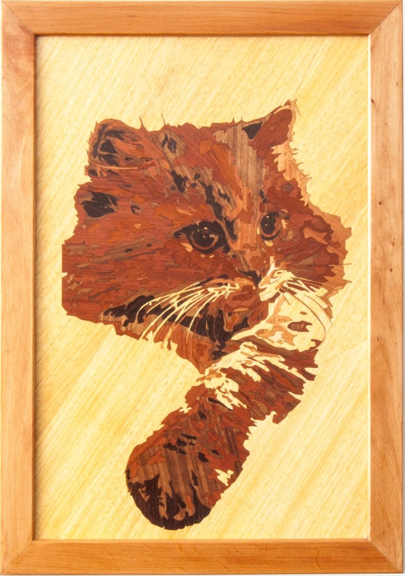 Kitten cat portrait inlay framed mosaic wood panel ready to hang home wall decor - Wall Décor - Wood Orange