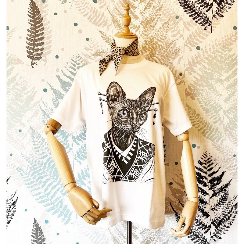 Super high quality print animal illustration clean white T-shirt cotton short sleeve cat - เสื้อยืดผู้หญิง - ผ้าฝ้าย/ผ้าลินิน ขาว