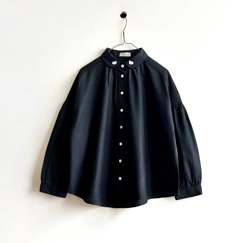 cat collar cotton linen shirt : black - 女襯衫 - 聚酯纖維 黑色