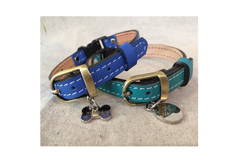 Mao's belonging to the pet collar exclusive custom leather hand made - Collars & Leashes - Genuine Leather Blue