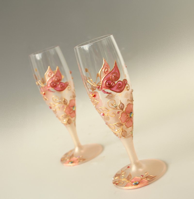 Butterfly and Wildflowers Hand-painted Glasses, set of 2 - 酒杯/酒器 - 玻璃 多色
