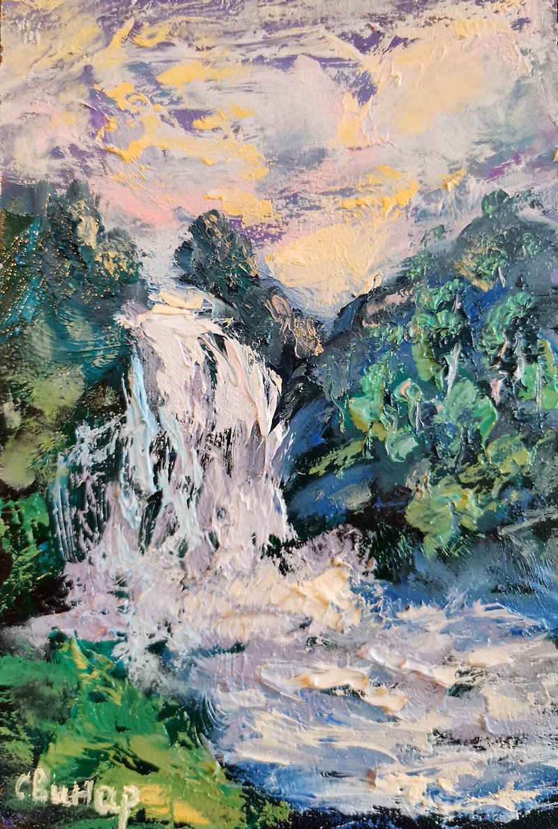 滝の風景夕焼け厚塗り額入りアートオリジナル油絵アーティストSvinar - その他 - その他の素材 多色