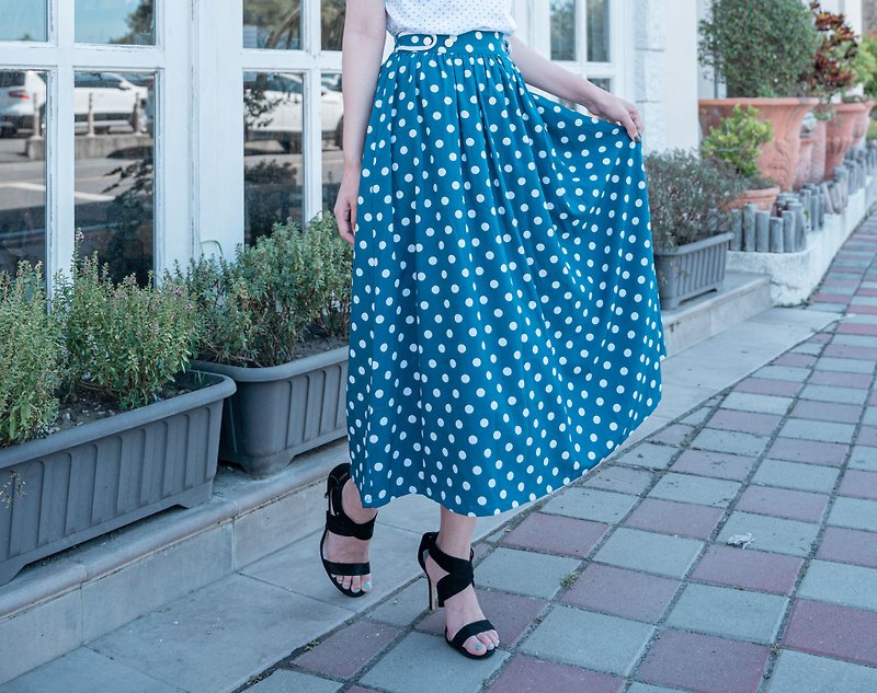 波卡圓點中長裙 Polka Dot Skirt - 裙子/長裙 - 聚酯纖維 藍色