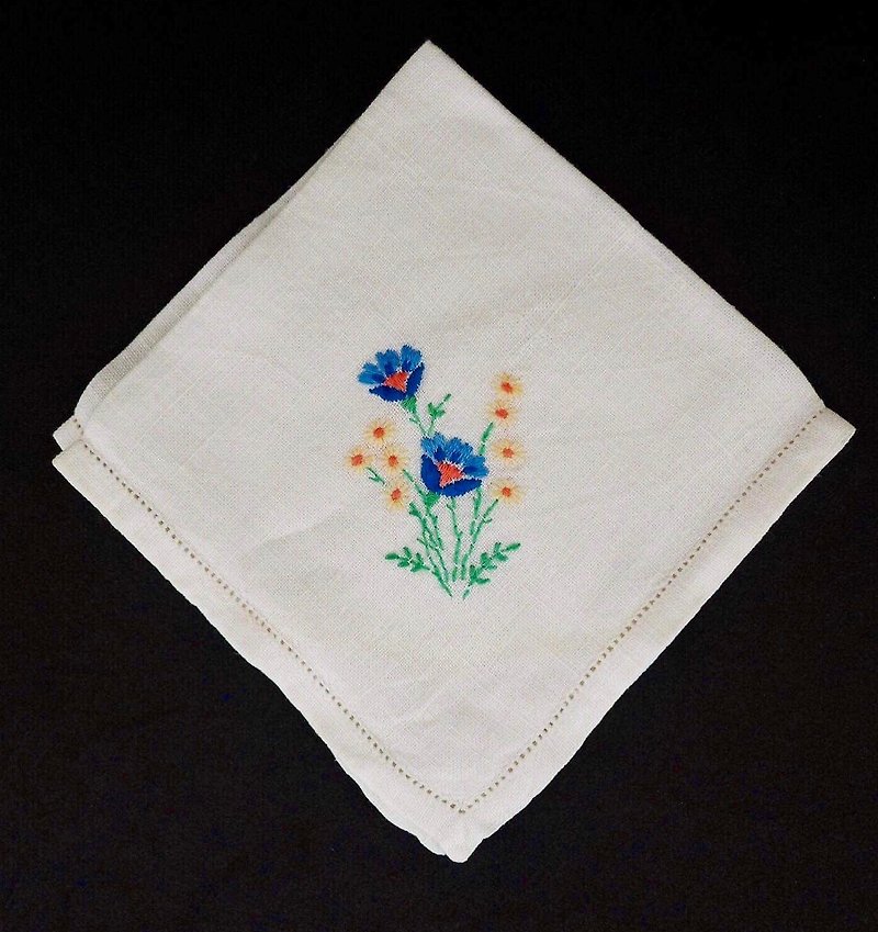 素白色方形刺繡藍黃花卉小餐巾  - 裝飾/擺設  - 棉．麻 
