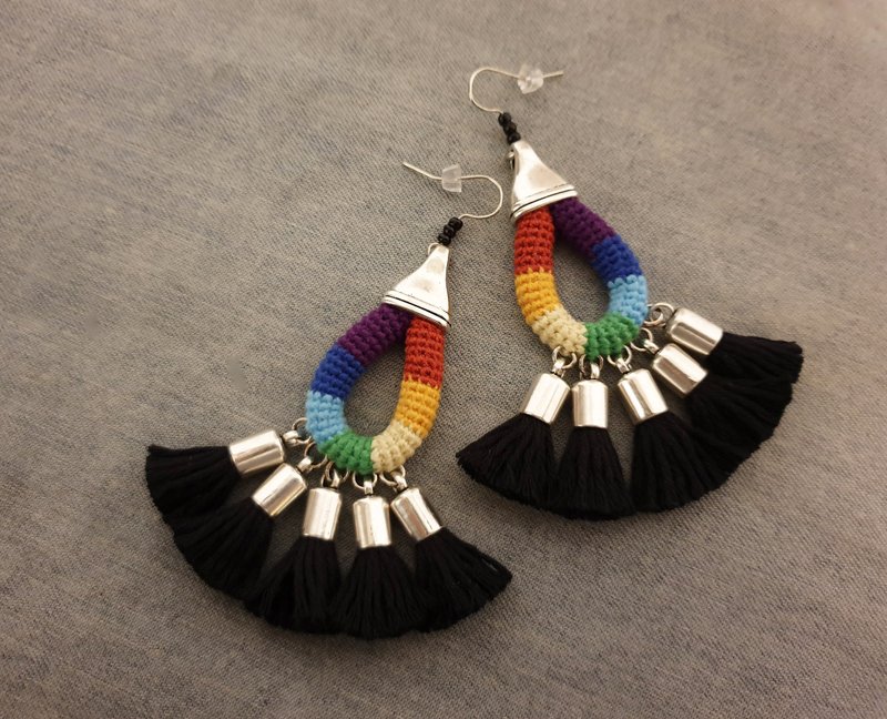 Rainbow Chakra Black Tassel Earrings Colorful Festival Jewelry - Earrings & Clip-ons - Thread Multicolor