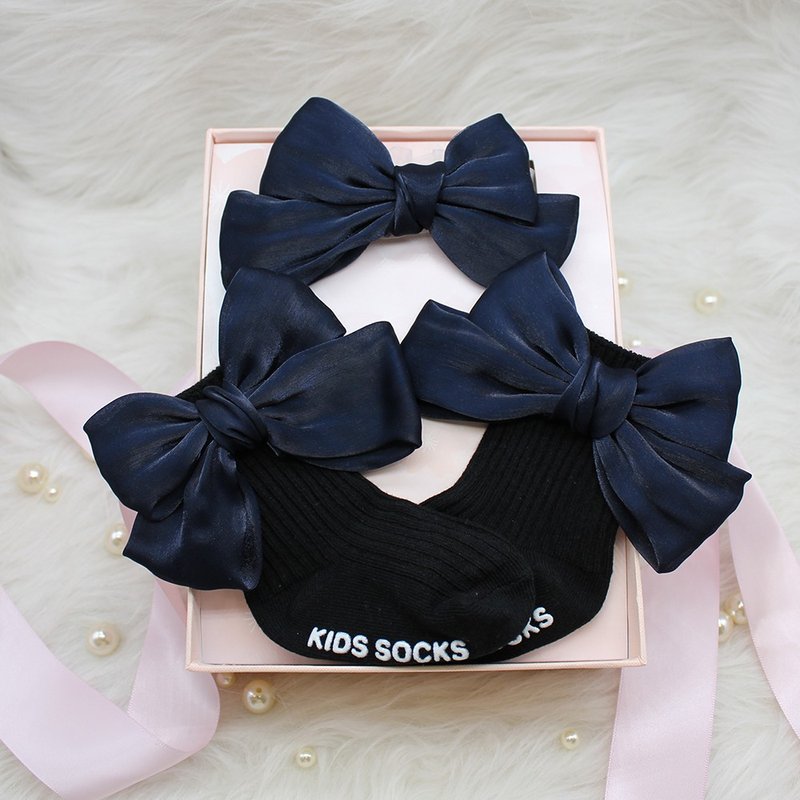 /Newborn. Miyue. Receiving gifts/Madeleine organza bow socks + hair accessories gift box (dark blue) - Baby Socks - Polyester Blue