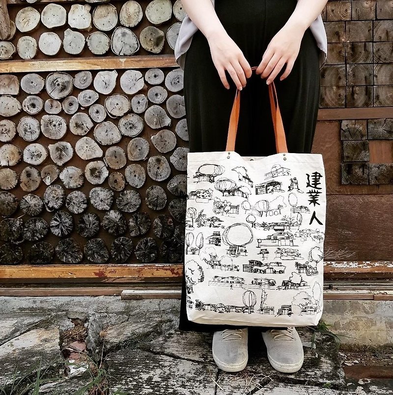 Jianye leather handle // hand-painted canvas bag - กระเป๋าถือ - ผ้าฝ้าย/ผ้าลินิน ขาว