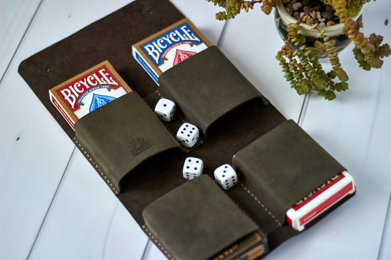 4 deck personalized leather playing card case playing card and dice holder gift - อื่นๆ - หนังแท้ สีกากี