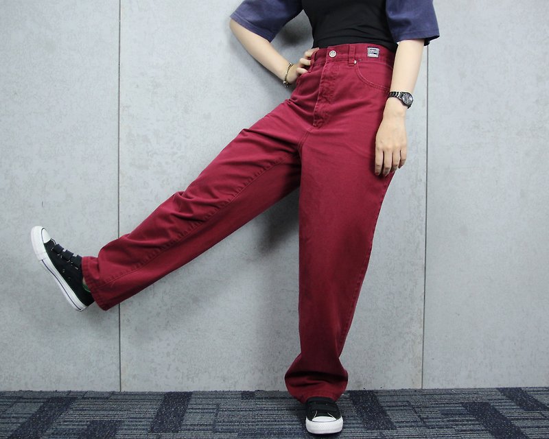 Tsubasa.Y Ancient House Utace Jeans Red Wine 777214 vintage versace jeans - กางเกงขายาว - กระดาษ สีแดง