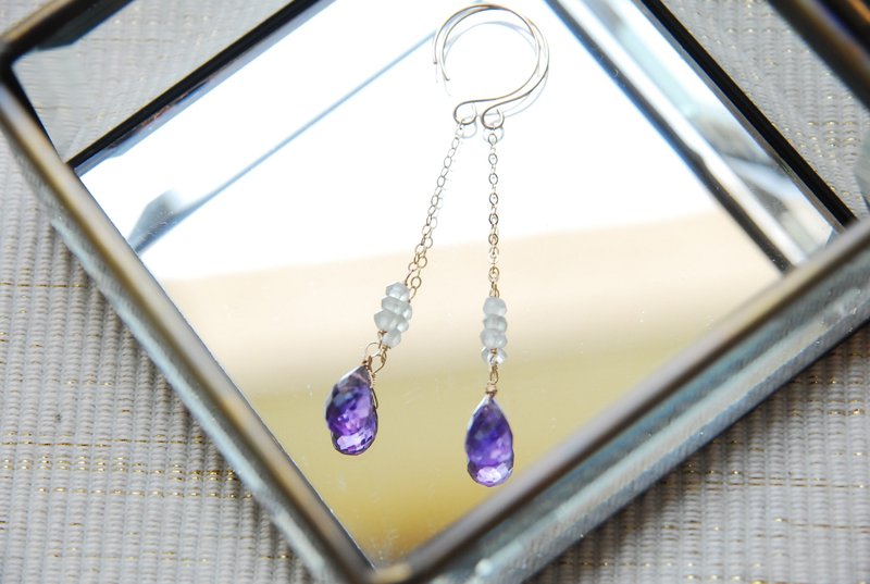 Amethyst drop cut and prenite earrings 14kgf - ต่างหู - เครื่องประดับพลอย สีม่วง