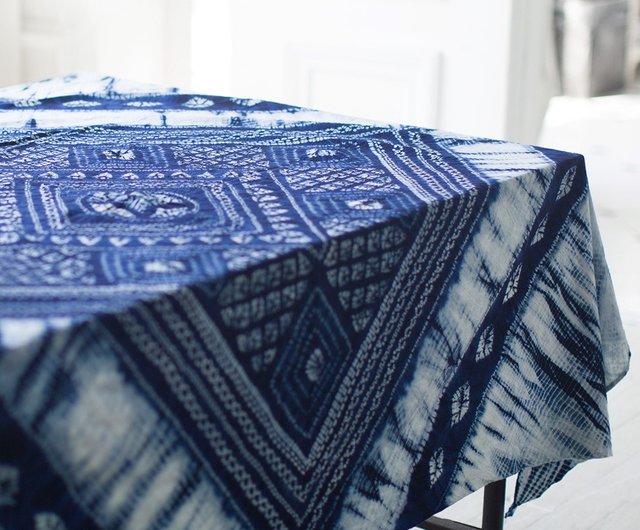 刺し子　刺繍　ブルー　長方形　テーブルクロス　布　インテリア　レトロ 刺し子刺繍ブルー長方形テーブルクロス布インテリアレトロ