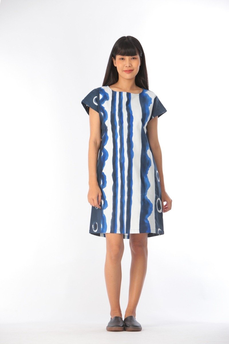 Short Dress Cotton Rayon Hand Painted for Summer resort vacation - 洋裝/連身裙 - 棉．麻 藍色