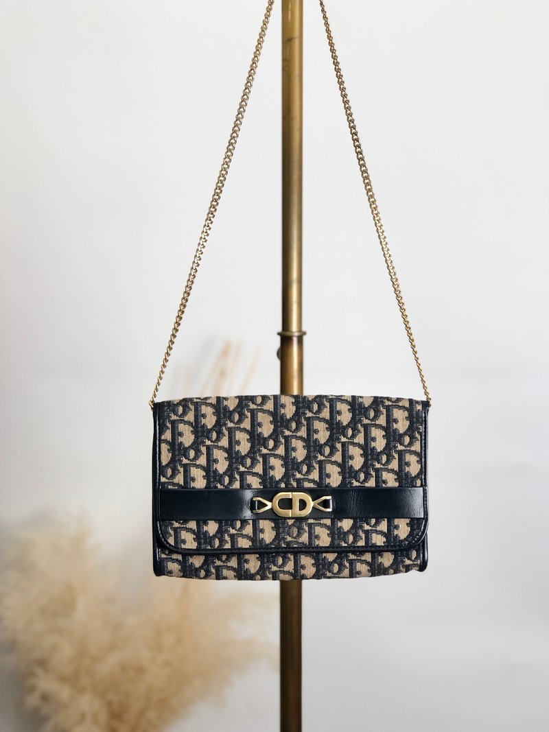 【 日本直送　名牌中古包 】Christian Dior トロッター ショルダーバッグ ネイビー CD ジャガード チェーン vintage r754bh - 側背包/斜背包 - 棉．麻 藍色