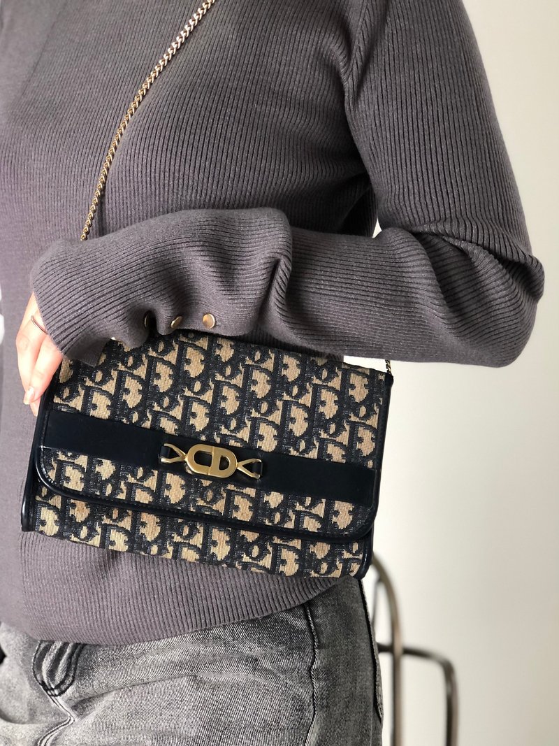 【 日本直送　名牌中古包 】Christian Dior トロッター ショルダーバッグ ネイビー CD ジャガード チェーン vintage r754bh - 側背包/斜背包 - 棉．麻 藍色