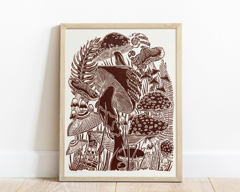 Linocut print Botanical brown vintage mushroom 12x16 Printmaking wall art - 海報/掛畫/掛布 - 紙 咖啡色