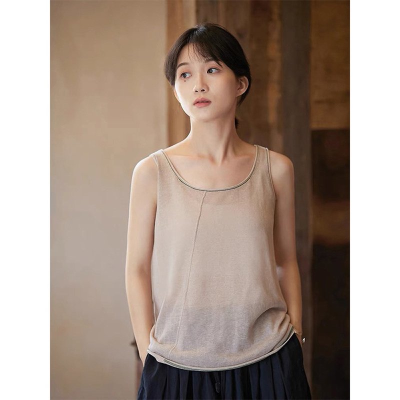 Linen-colored Han linen, light and breathable, round neck, versatile outerwear, loose literary Chinese style camisole - เสื้อกั๊กผู้หญิง - ผ้าฝ้าย/ผ้าลินิน 