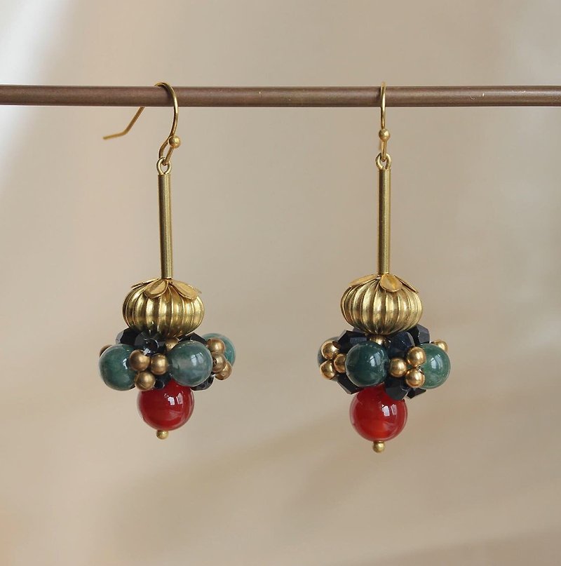 Bird of Paradise Bird of Paradise Flower Bronze earrings agate - Earrings & Clip-ons - Copper & Brass Gold