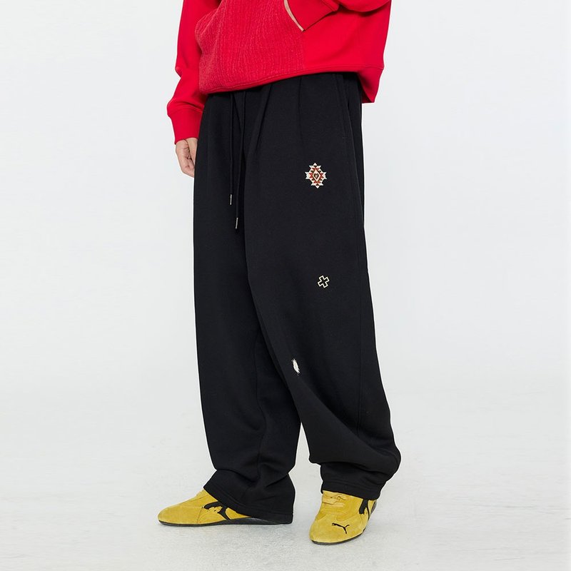 男士黑色民族風刺繡加絨衛褲  冬季闊腿褲子運動直筒褲 - 男長褲/休閒褲 - 棉．麻 黑色