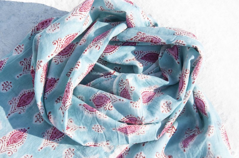 Handmade Woodcut Printed Plant Dyed Scarf Hand-woven Scarf Knitted Scarf Vegetal Dyed Pure Cotton Silk Scarf-Flowers - ผ้าพันคอถัก - ผ้าฝ้าย/ผ้าลินิน หลากหลายสี