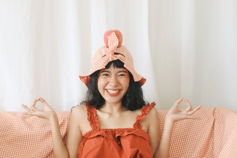 Peach gingham & polka dot Tulip bow - หมวก - ผ้าฝ้าย/ผ้าลินิน สึชมพู