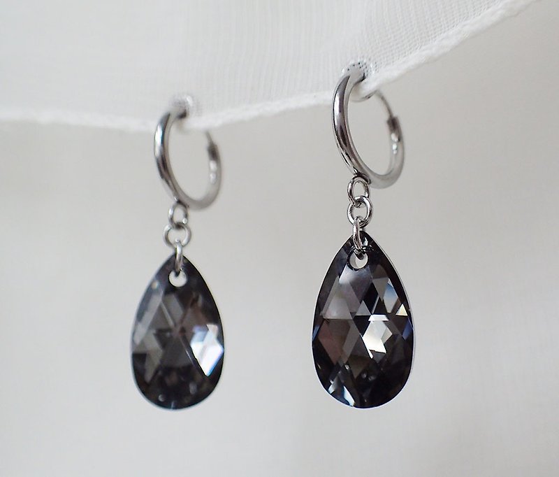 水滴, 施華洛世奇元素 & 不鏽鋼 耳圈夾 耳環 (一對) - 耳環/耳夾 - 玻璃 銀色