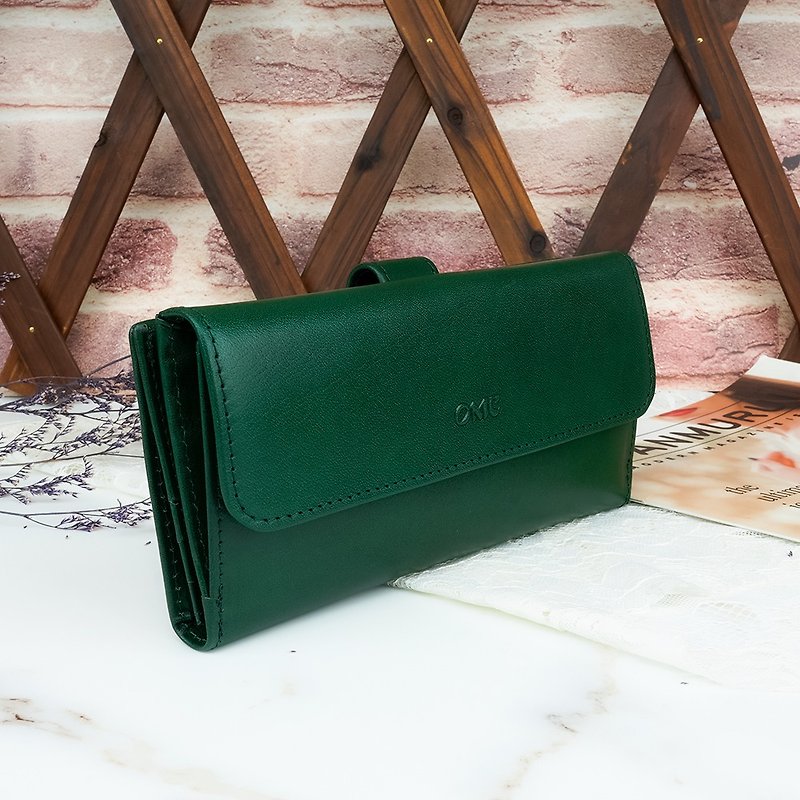 18 Cards 1 Photo Vegetable Tanned Leather Tongue Buckle Leather Long Clip (Green) - กระเป๋าสตางค์ - หนังแท้ สีเขียว
