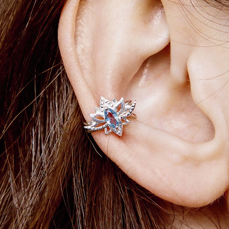 Lotus flower ear cuff silver, Lotus earring - 耳環/耳夾/耳骨夾 - 純銀 銀色
