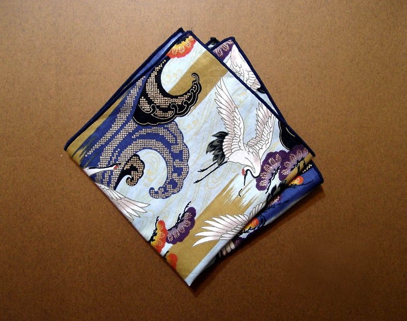 Gold Square Wave and Crane Pocket Pocket Pocket Square - Bow Ties & Ascots - Cotton & Hemp Multicolor